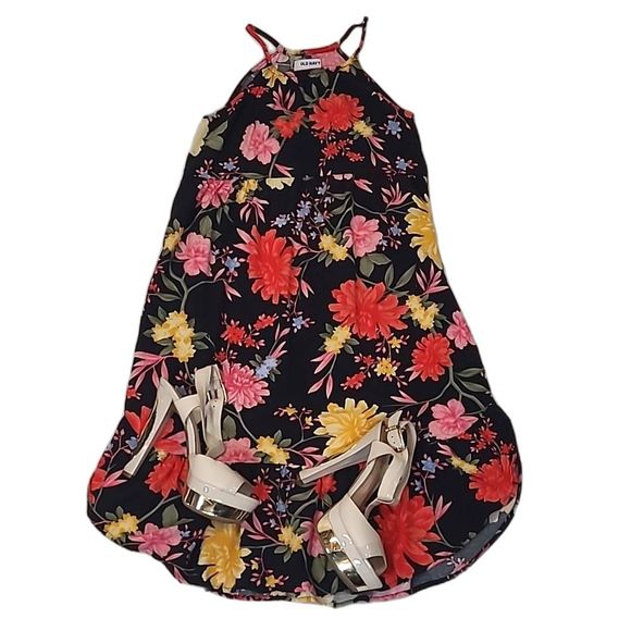 Old Navy Halter Sundress Spaghetti Strap Floral Print Tea Length Ruffle Dress - Picture 1 of 16